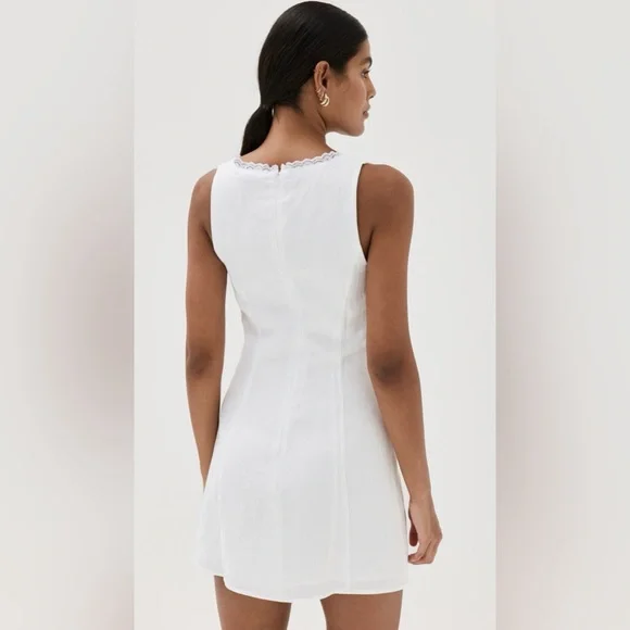 Reformation Reia White Linen Bow Mini Dress Lace Trim Women’s Size 6 - Picture 3 of 10